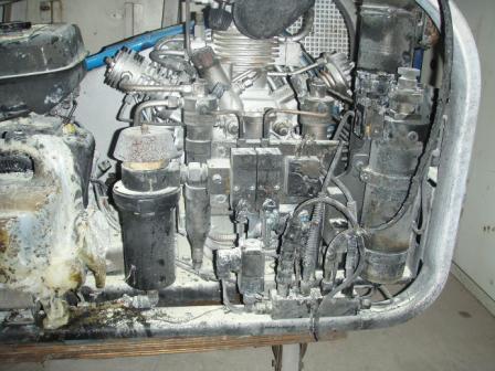 Bauer Mariner 320 compressor destroyed by Honda petrol engine fire - beyond econmoical repair. operator error filling the pretrol tank while running Bauer Mariner 320 compressor destroyed by Honda petrol engine fire - beyond econmoical repair. operator error filling the pretrol tank while running