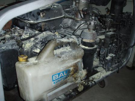 Another photo of a Bauer Mariner 320 P41 compressor destroyed by fire. Petrol spill caused the honda engine and the rest of the compressor to catch fire.