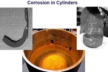 internal chain corrosion in steel high pressure cylinder caused by water ingress and humidity